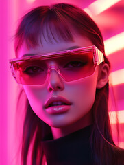 Model poses with stylish sunglasses against a vibrant neon backdrop during a fashion shoot