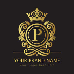 Letter Luxury brand logo design with a royal gold crown emblem and elegant typography
