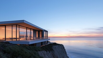 Fototapeta premium Luxury Villa on Cliffside at Glowing Sunset