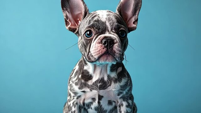 French bulldog with unique coat pattern poses against a bright blue background showcasing its endearing expression
