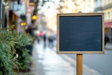 Empty sign against a blurred city street background