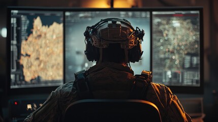 Obraz premium Soldier reviewing tactical maps on triple monitors.