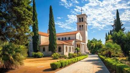 Naklejka premium Serene Monastery in Sunny Mediterranean Landscape