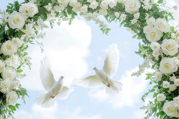 Wedding arch with white flowers and doves flying inside