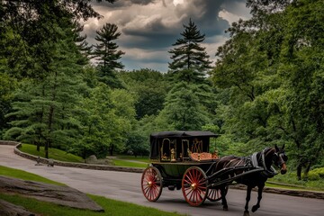 Fototapeta premium Horse-drawn carriage ride, park road, scenic trees, cloudy sky, romantic getaway