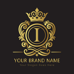 Letter Luxury brand logo design with a royal gold crown emblem and elegant typography
