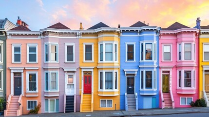 Obraz premium Colorful Victorian Homes on a Sloped Street