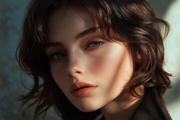 Fototapeta premium Portrait of a beautiful young woman with brown hair and light makeup on a gray background