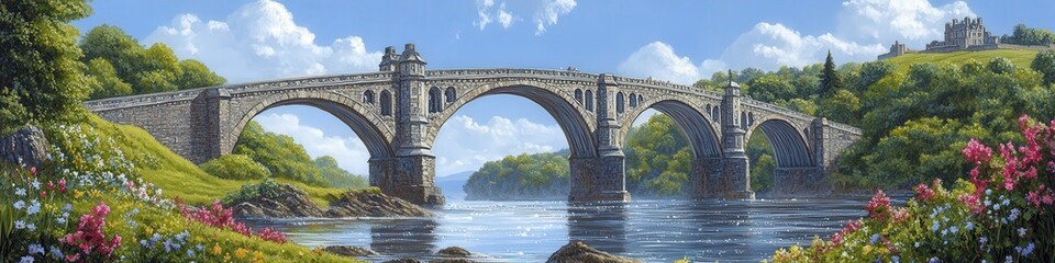 Fototapeta premium Stunning Stone Arch Bridge over Serene River with Lush Greenery and Flowers Under Blue Sky with White Clouds; Tranquil Landscape Ideal for Travel Inspiration