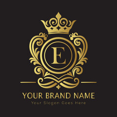 Letter Luxury brand logo design with a royal gold crown emblem and elegant typography
