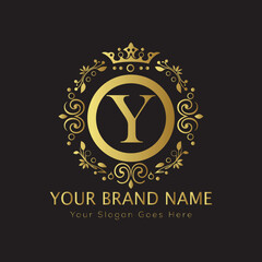 Letter Luxury brand logo design with a royal gold crown emblem and elegant typography
