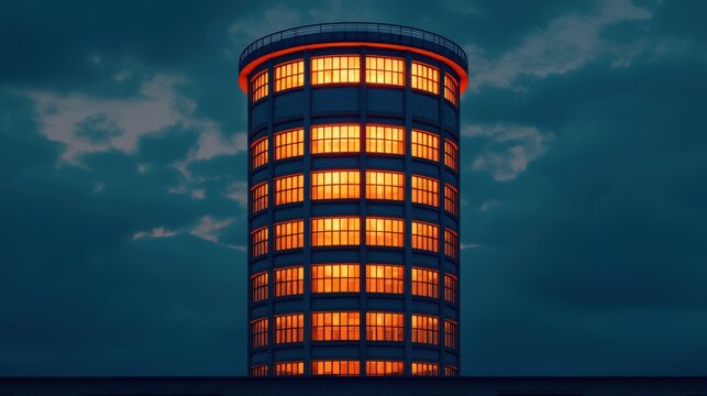 Glowing Water Tower Against Dark Sky - Powered by Adobe