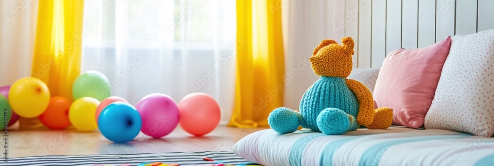 Poster colorful toys and balloons create a cheerful atmosphere in a childs playroom. generative ai