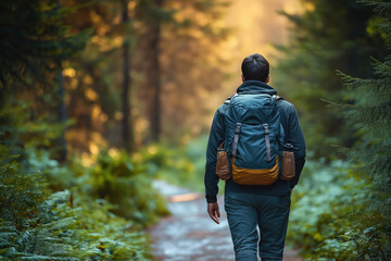 Fototapeta premium Man hiking alone on quiet forest path. Tranquil nature setting. Backpacker with backpack explores serene woods. Hiking trail leads through verdant foliage. Peaceful journey in nature. Adventure