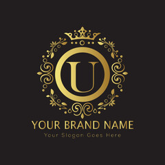 Letter Luxury brand logo design with a royal gold crown emblem and elegant typography
