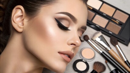 A close-up of a model's face showcasing flawless makeup. Focus is on professional makeup tools and products. The image highlights the artistry and precision of the makeup application. 