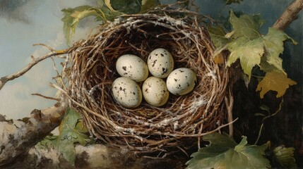 Obraz premium A Bird's Nest with Speckled Eggs: A Masterpiece of Nature's Art