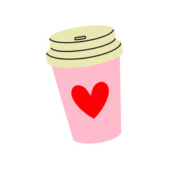 Cute pink coffee cup featuring a red heart design on a white background