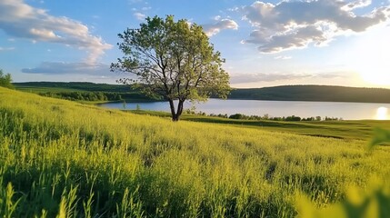 Fototapeta premium Lone tree, sunset lake, grassy field, peaceful landscape, nature scene