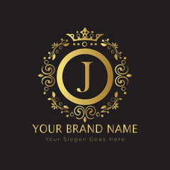 Letter Luxury brand logo design with a royal gold crown emblem and elegant typography
