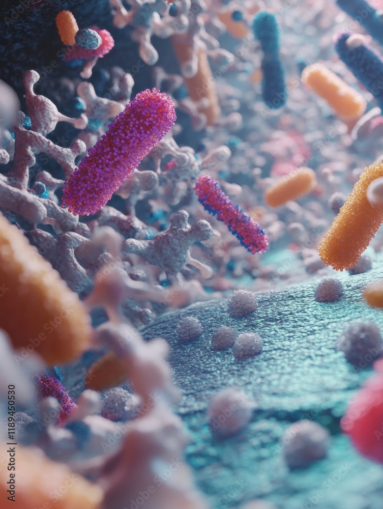 Aufkleber Close up view of colorful microbes on various everyday surfaces reflecting common hygiene concerns in daily life. Generative AI