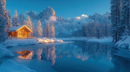 Fototapeta premium Beautiful majestic landscape with snow covered forest and lake