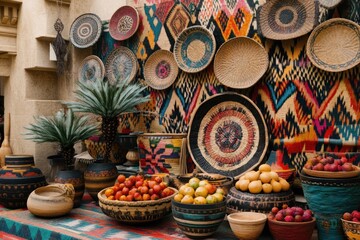 Fototapeta premium Colorful Market Display with Woven Baskets and Fresh Produce in a Traditional Setting