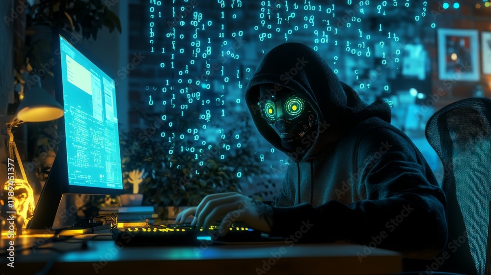 Aufkleber A hooded figure with glowing eyes types on a keyboard, surrounded by a futuristic, tech-inspired environment with blue digital elements.