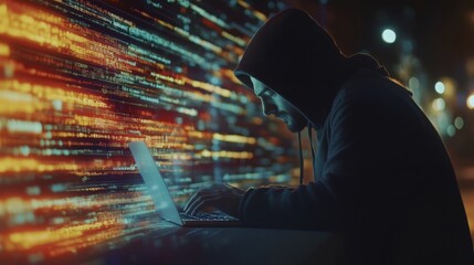 A hooded figure types on a laptop, surrounded by vibrant data streams, evoking themes of technology, hacking, and the digital world at night.