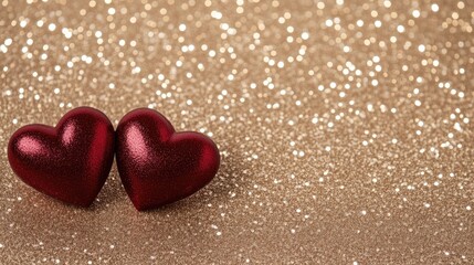 Obraz premium Two vibrant red hearts set against a soft beige backdrop illuminated by bokeh lights, perfect for Valentine's Day messages and designs