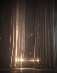 A single beam of light shines through partially opened curtains on a dimly lit theater at night , spotlight, partial curtain, beam of light