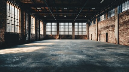 Vast Industrial Warehouse: Sunlit Brick Walls, Steel Structure, and Concrete Floor