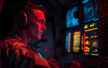 U.S. Army communication officer operating advanced technology in a tactical environment, wearing military gear and headset, with high-tech equipment and dim, strategic lighting