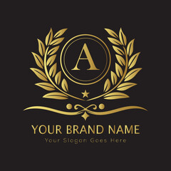 Letter Luxury brand logo design with a royal gold crown emblem and elegant typography
