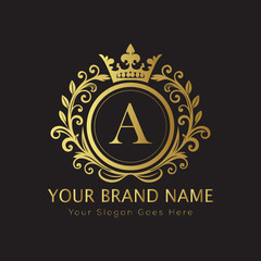 Letter Luxury brand logo design with a royal gold crown emblem and elegant typography
