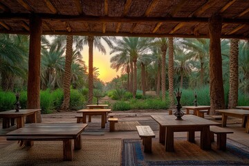 Obraz premium Oasis sunset, palm grove dining