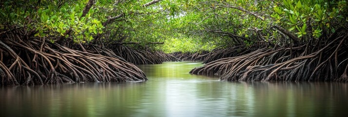 Fototapeta premium Mangrove forest river, tranquil waterway, lush green canopy, ecosystem, nature