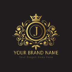 Letter Luxury brand logo design with a royal gold crown emblem and elegant typography
