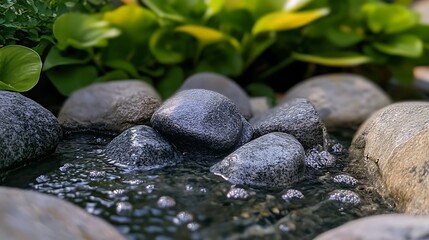 Water flowing between rocks in a peaceful garden