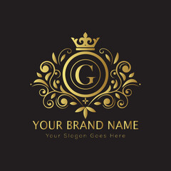 Letter Luxury brand logo design with a royal gold crown emblem and elegant typography
