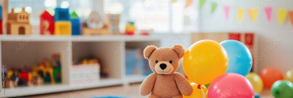 Aufkleber Joyful playroom filled with colorful toys and balloons creating a cheerful atmosphere for children to explore and learn. Generative AI