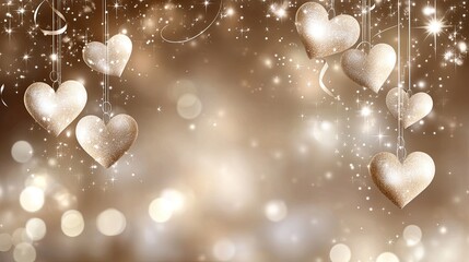 Heart-shaped garlands hang gracefully against a blurred backdrop, enhancing the gentle ambiance ideal for Valentine's Day moments