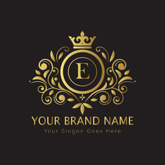 Letter Luxury brand logo design with a royal gold crown emblem and elegant typography
