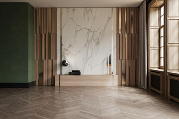 Modern empty room with wooden wall panels, marble accent, and a minimalist TV unit near large windows, featuring elegant decor accents. 3D rendering