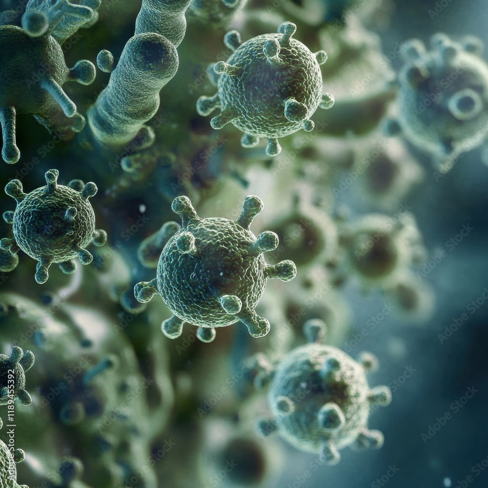 Poster close up view of microbes on surfaces like door handles and smartphones under magnification revealin