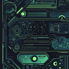 Fototapeta premium A detailed vector art of a futuristic AI interface with a framed composition, metallic texture, edgy humor, navy, green, and silver colors, data elements, and a close-up perspective.