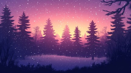Magical winter forest landscape with snowfall, twilight colors, and silhouetted pine trees