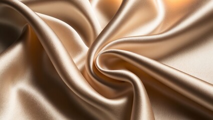 Close up view of luxurious golden satin fabric, showcasing its soft texture and elegant folds. The light reflects off the surface, enhancing the richness of the material.