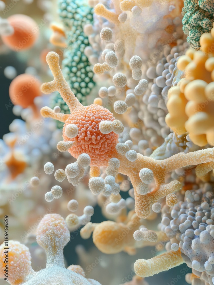 Aufkleber Microbial life on common surfaces reveals hidden world of pathogens and microorganisms in urban environment. Generative AI