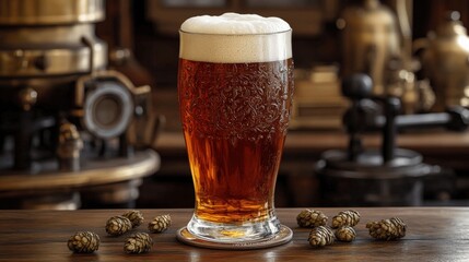 Rich Amber Craft Beer with Frothy Head in Vintage Brewery Setting Surrounded by Fresh Hops and Antique Brewing Equipment for Authentic Beer Experience